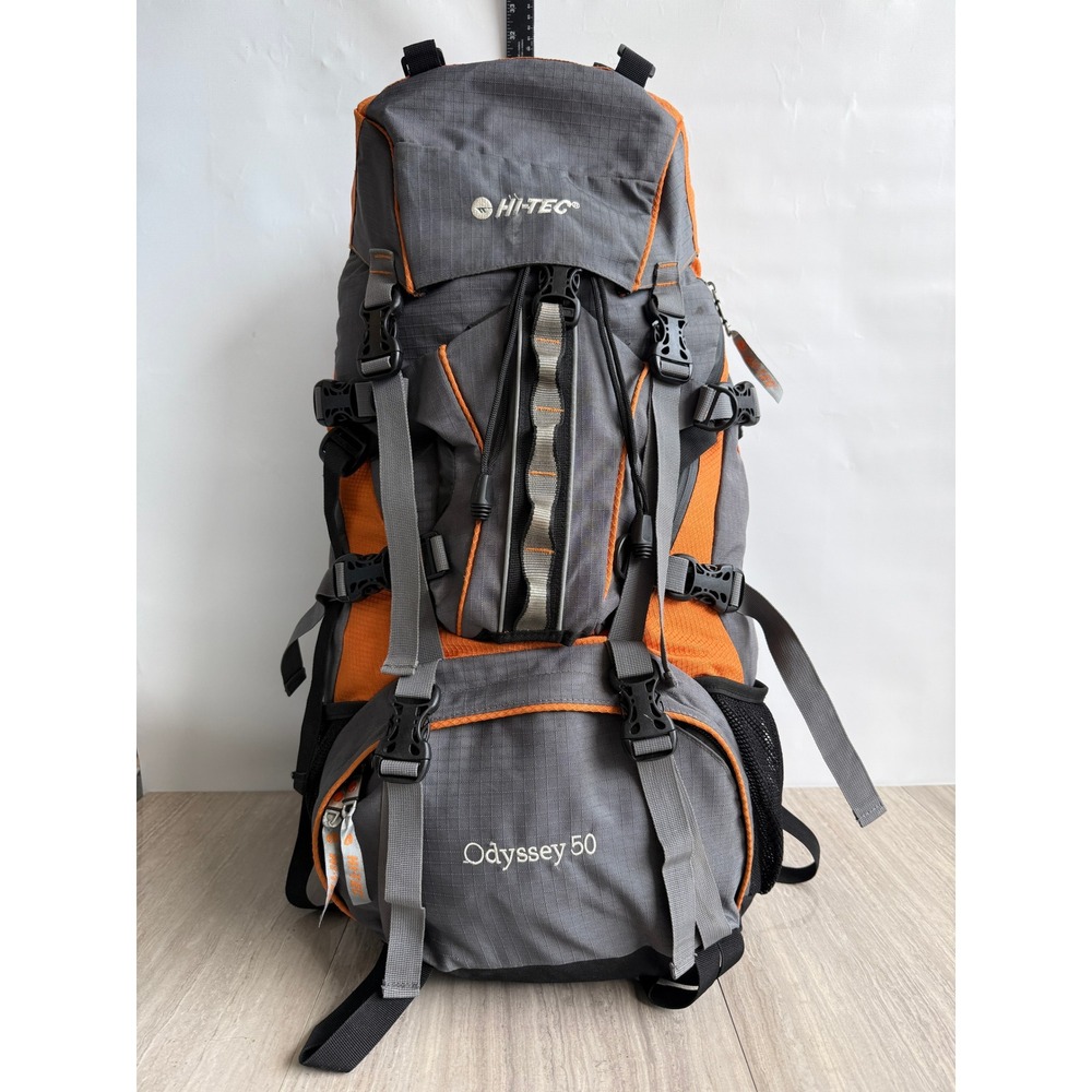 Hi-Tec Odyssey 50L Hiking Backpack Mens Gray Orange Trekking Pack Gorpcore